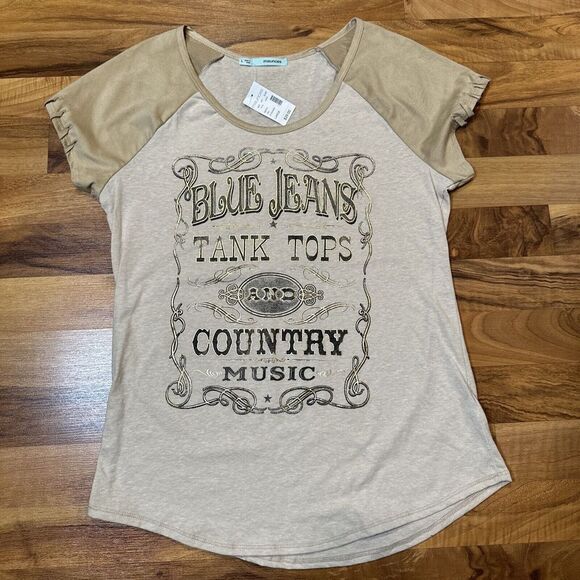 Maurice's TAN & Gold Large Western Style Graphic T, Faux Suede Sleeves NWT - Picture 1 of 5